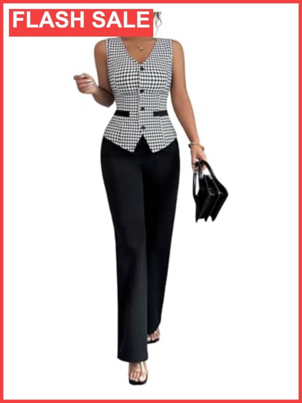 Women's Two Piece Plaid Houndstooth Sleeveless Vest and Pants Set